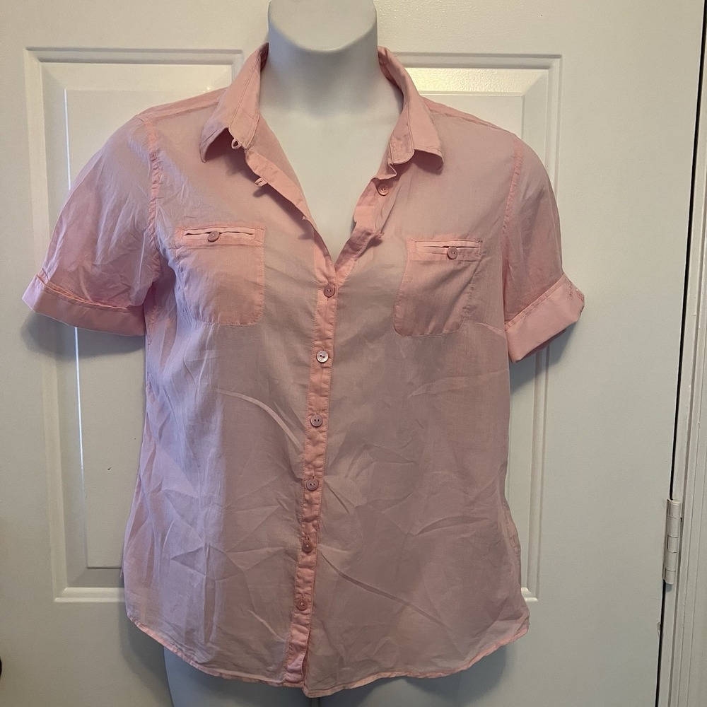 Escales Paris Women's Sz Medium Pink Semi Sheer Lightweight Beachy Button Up